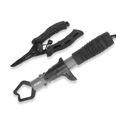 Outdoor Fishing Lure Pliers Set with stainless steel body and fish gripper, full view