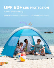 OutdoorMaster Beach Tent with UPF 50+ sun protection keeps family shaded.