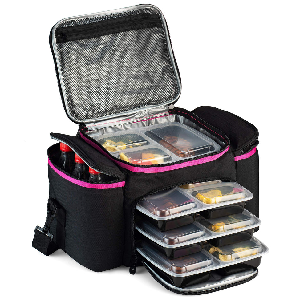 Outdoorwares large cooler bag pink and black viewed from the front, ideal for picnics.