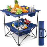 OuterSpa folding camping table top view shows 110 lb capacity for meals