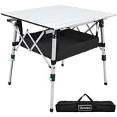 OuterSpa portable camping table folded for easy transport in a compact carry bag