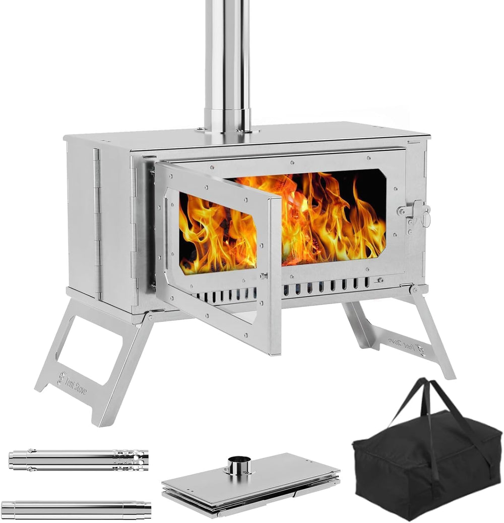 OUTGOODS Camping Wood Stove firebox 20in-length for extended outdoor heating.