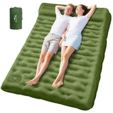 OUTTPLY sleeping pad inflated for camping with built-in pillow for plush comfort.