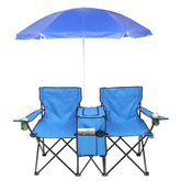 Outvita folding double chair with umbrella and beverage holder keeps drinks cool outdoors.