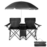 Outvita folding double chair with umbrella shade offers outdoor comfort and sun protection.