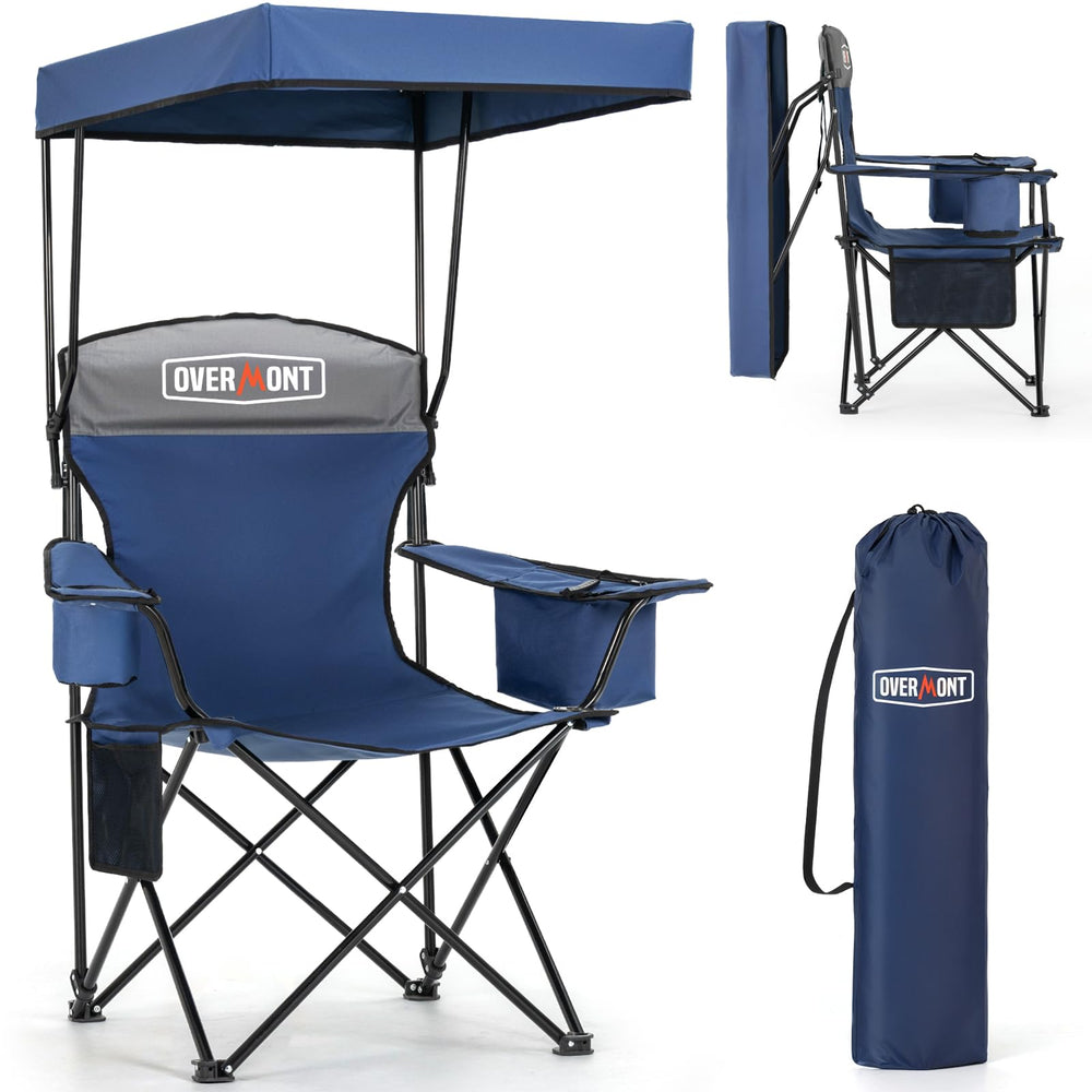 Overmont Beach Chair with Sun Canopy provides adjustable shade for sunny days at the beach.