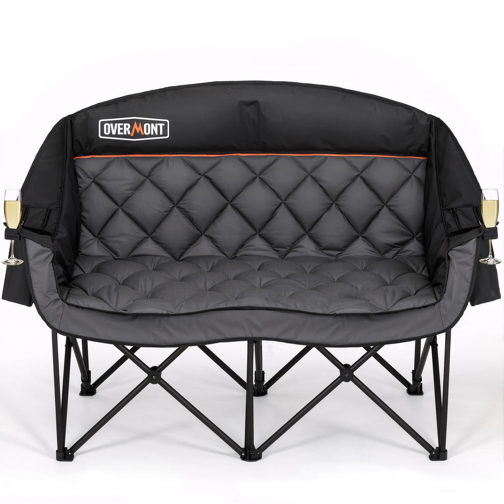Overmont oversized double camping chair front view highlights sturdy frame and plush comfort for two.