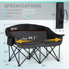Overmont oversized double camping chair side view shows depth and ergonomic support for relaxed lounging.