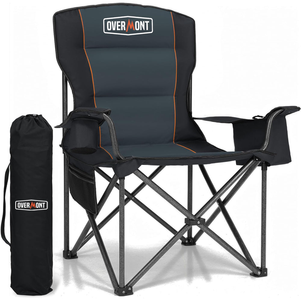 Overmont oversized folding camping chair front view with padded cushion and comfort.
