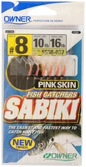 Owner Sabiki shrimp skin 6-hook rig with green glow bead attracts small bait fish.