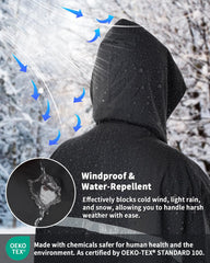 Owntop swim parka hooded with hood closed for wind protection and warmth.