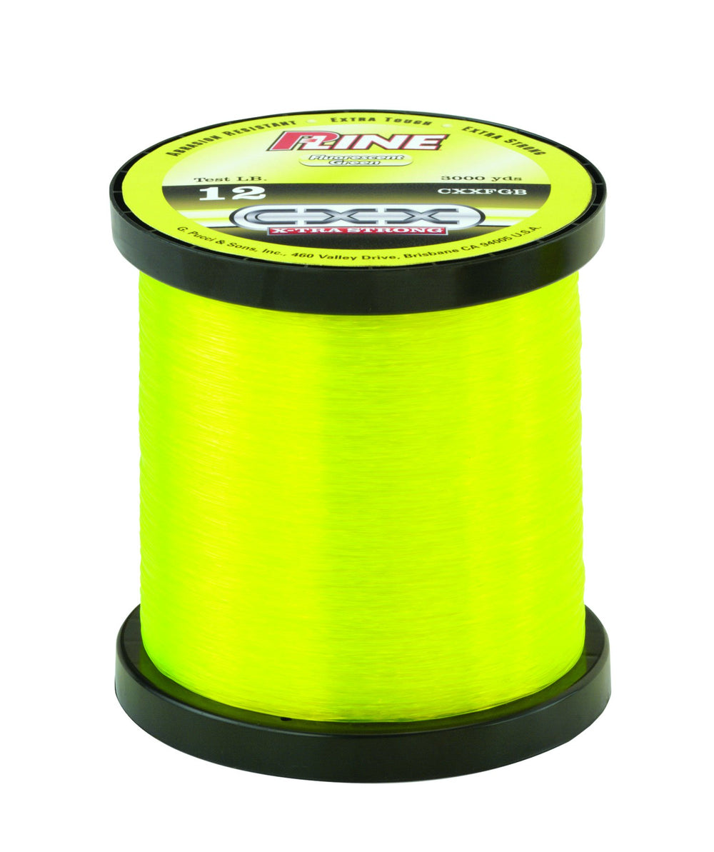 P-Line CXX-Xtra Strong bulk fishing spool in fluorescent green for durable casting and abrasion resistance.