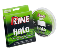 P-Line Halo Co-Fluoride Mist Green fishing line spool showing invisibility and strong sensitivity