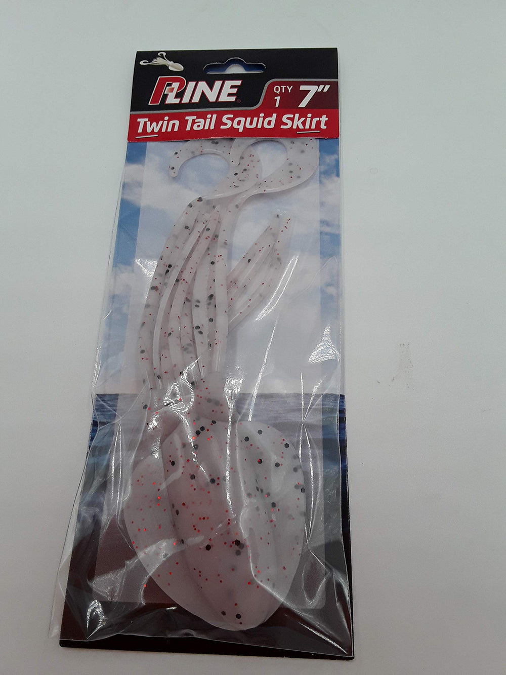P-Line Twin Tail Squid 7 inch clear white glitter lure for versatile saltwater jigging and trolling.
