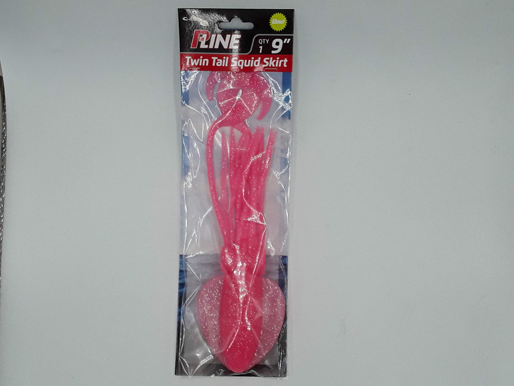 P-Line PTTS90-310 Twin Tail Squid 9in Pink Glow Glitter for bottom and pelagic fishing.