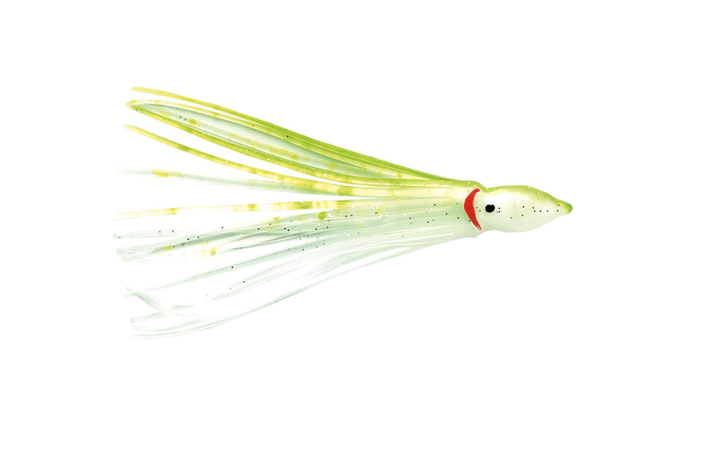 P-Line Sunrise Squid 4.5-inch Clear Glow Chartreuse, front view, high-visibility trolling lure.