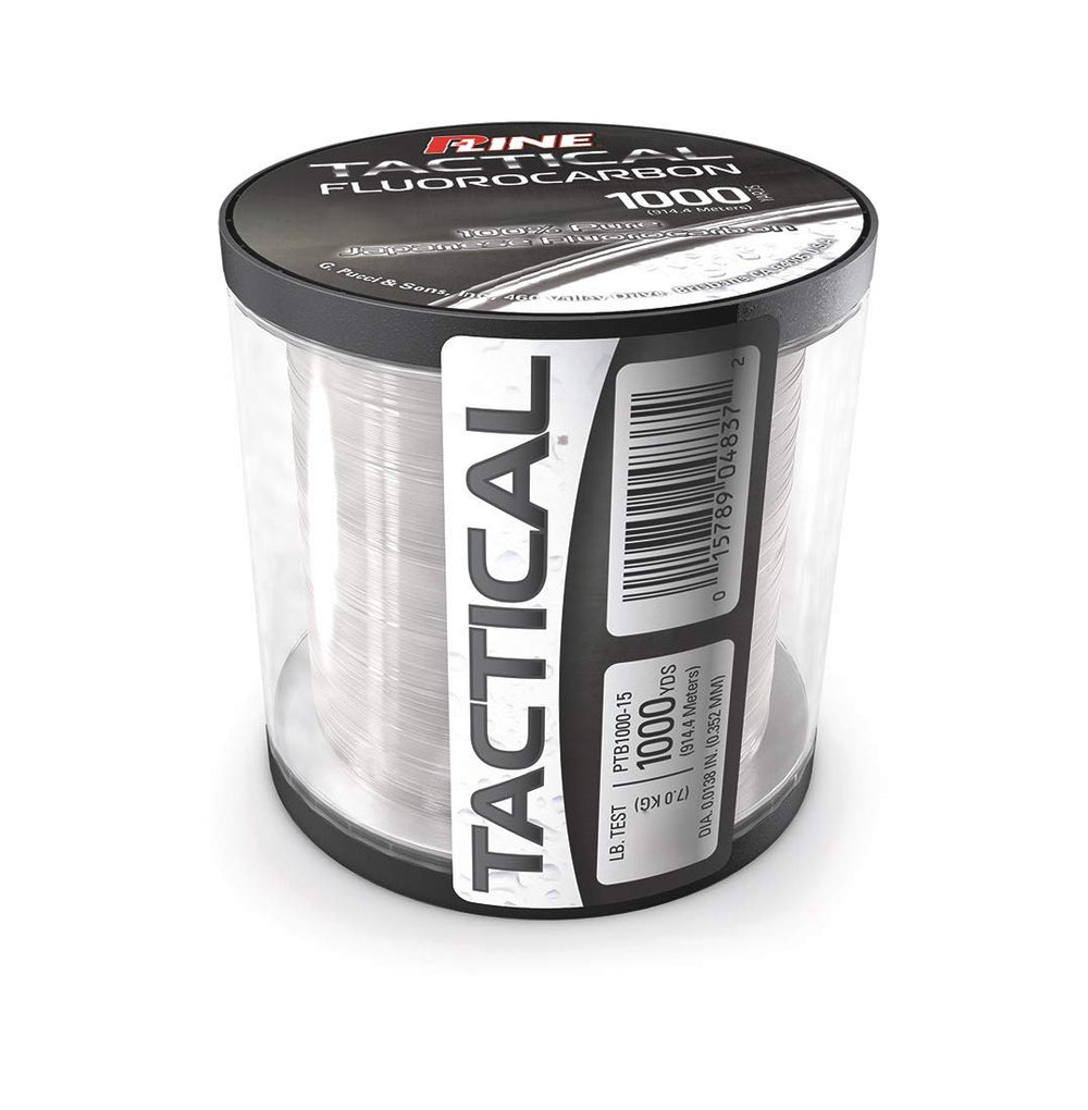 P-Line Tactical fluorocarbon 1000 yd bulk spool, close-up of the clear line with invisibility and strength emphasis