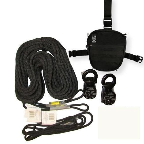 Aztek Pro Kit Black pulleys for rope rigging with color-coded prusiks for quick setup.