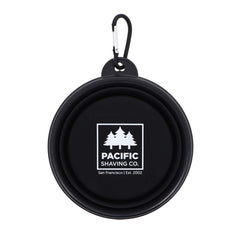 Pacific Shaving Carabiner-equipped bowl attached to bag for quick access