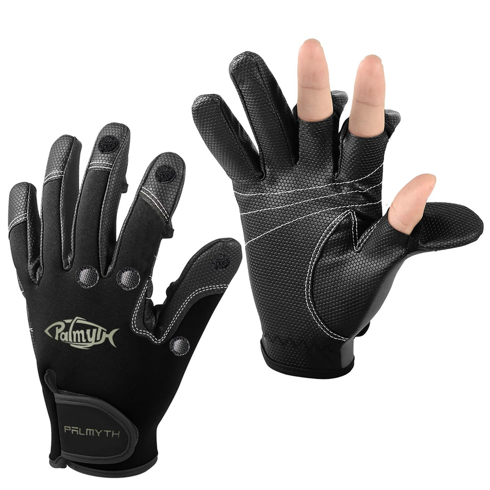 Palmyth neoprene fishing gloves with 3-cut fingers for quick rod handling.