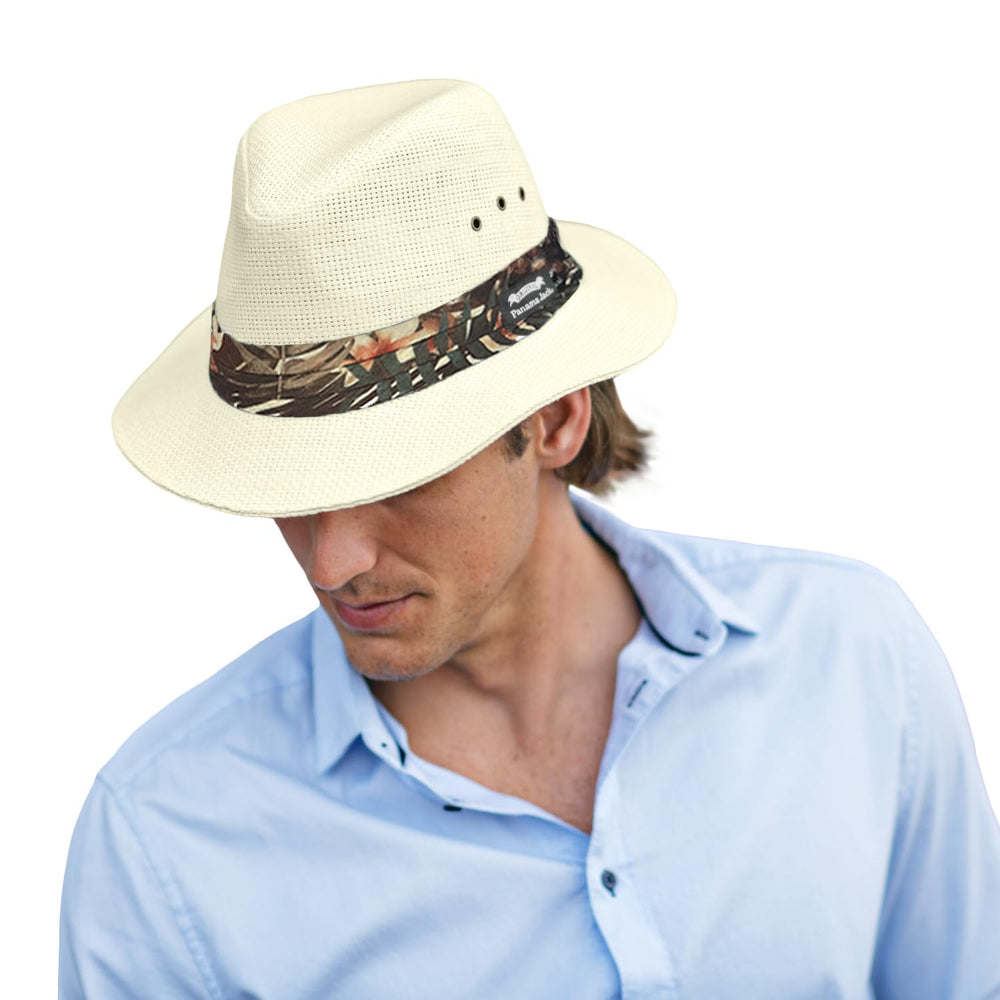 Panama Jack woven safari hat in matte toyo straw with a 2.5 inch brim for sun protection.