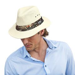 Panama Jack woven safari hat in matte toyo straw with a 2.5 inch brim for sun protection.