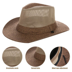 Detachable chin cord on brown Panama straw hat