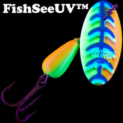 Panther Martin FishSeeUV lure closeup, orange-charcoal pattern with UV detail.
