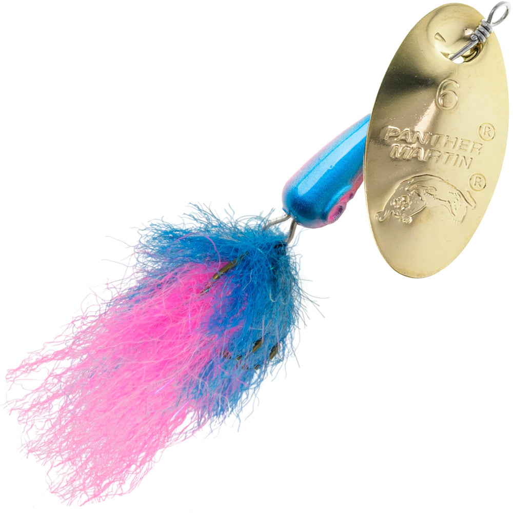 Panther Martin HybridHolographic teardrop spinner in gold pink blue—high visibility in murky water