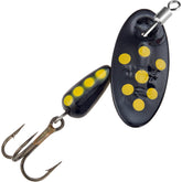 Panther Martin inline swivel spotted spinner in black reduces line twist for smoother casts