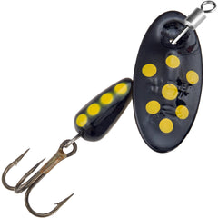 Panther Martin inline swivel spotted spinner in black with integrated swivel for smoother casts.