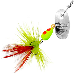 Panter Martin MiniFly teardrop spinner in silver-chartreuse-orange, great for small trout and panfish.
