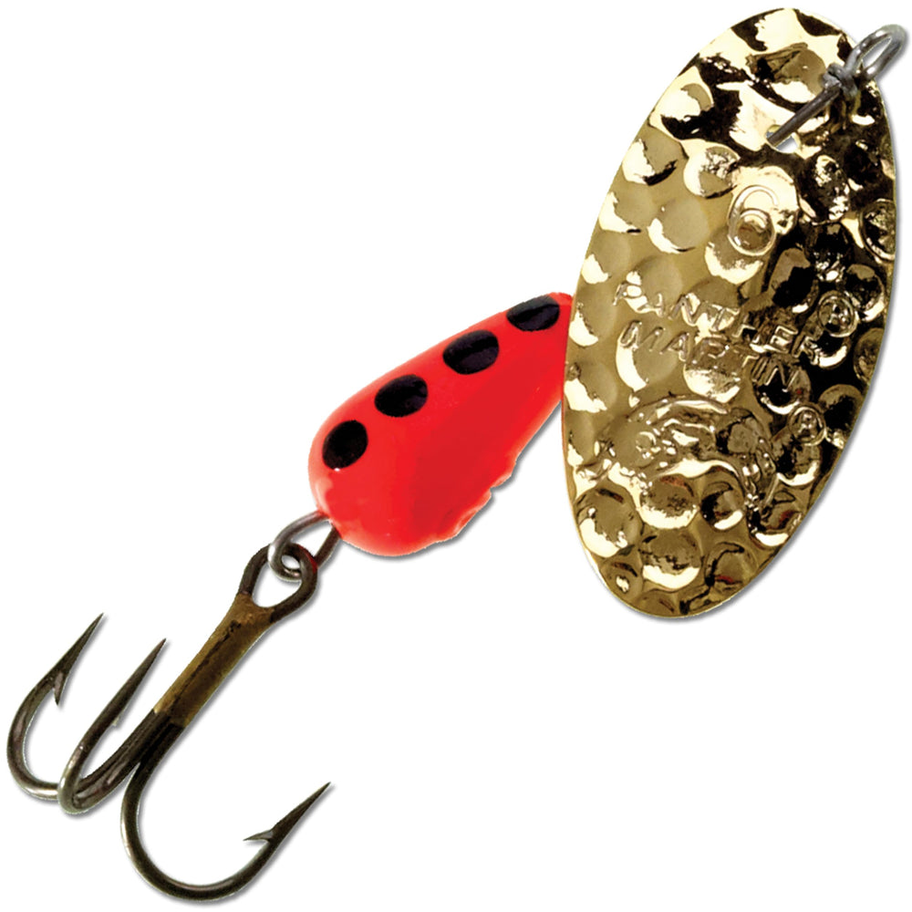 Panther Martin PMHM6-HG hammered spinner lure shines, boosting visibility for trout and panfish.