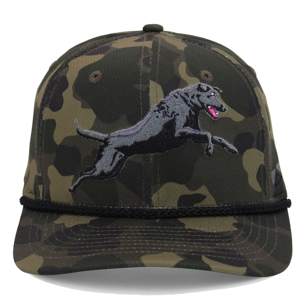Paramount Outdoors Black Lab camo cap front view; durable moisture-wicking fabric.