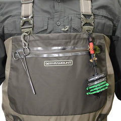 Paramount Outdoors Deep Eddy wader suspenders support fly fishing gear like nippers and hemostats.