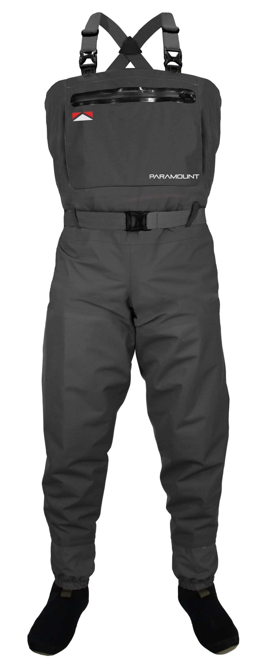 Paramount Outdoors Deep Eddy wader front view grey lg stout shows rugged waterproof protection.
