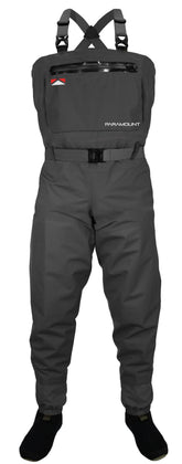 Paramount Outdoors Deep Eddy wader front view grey lg stout shows rugged waterproof protection.
