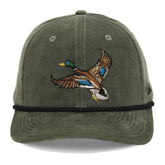 Paramount Outdoors olive corduroy mallard drake duck hat front view with durable embroidery.