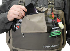 Paramount Outdoors Slate chest pockets organized for fly boxes and tools.