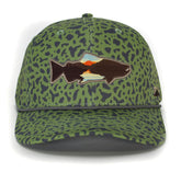 Paramount Outdoors Sunset Trout silhouette patch on olive hat enhances outdoor style.