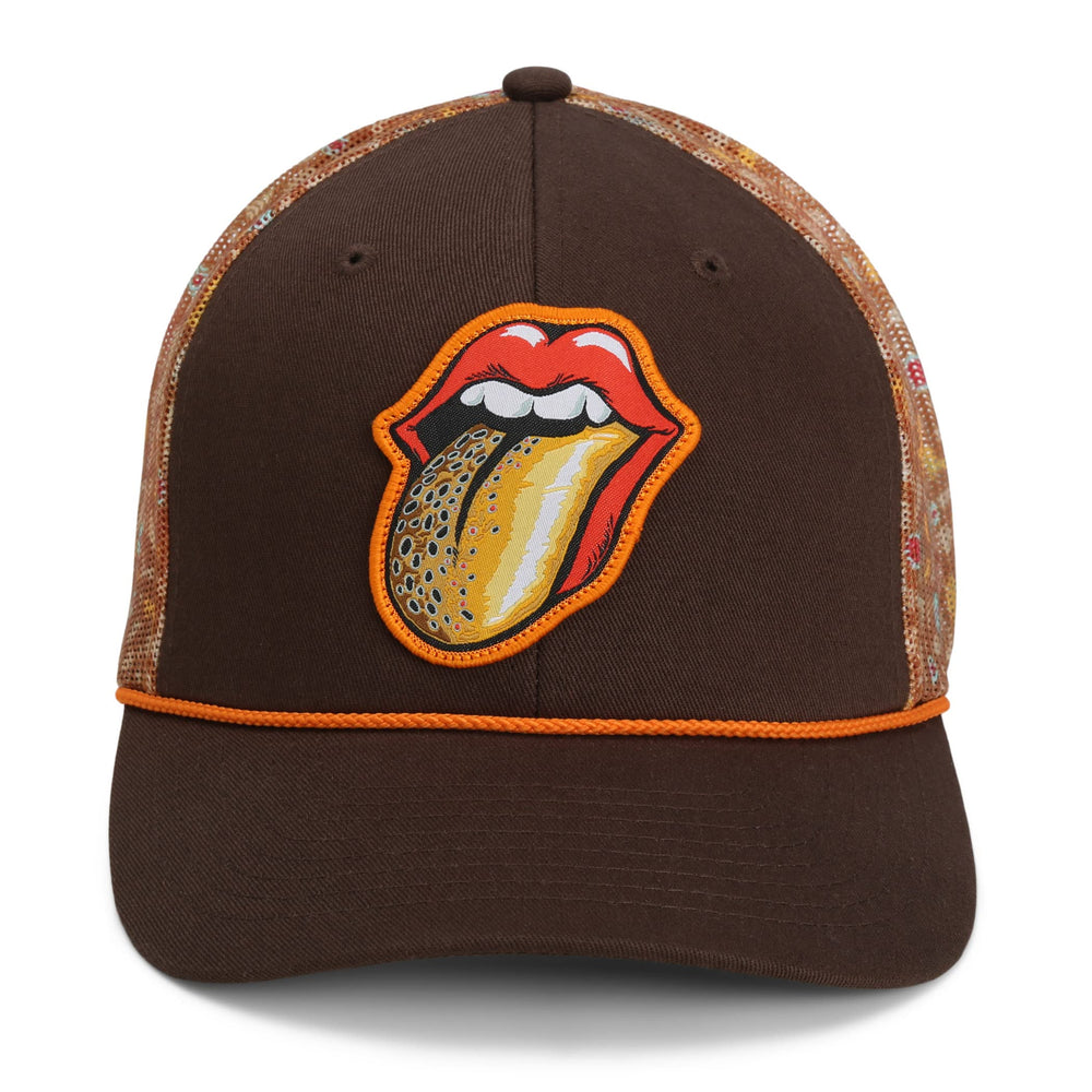 Paramount Outdoors Trout Tongue Fly Cap front view, brown 6-panel design for all-day fishing comfort.