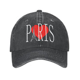 Front view of Paris Red Love Heart Baseball Cap Black washed denim adjustable