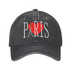 Front view of Paris Red Love Heart Baseball Cap Black washed denim adjustable