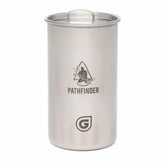 The Pathfinder School Geopress Nesting Cup with lid on for efficient camp cooking.