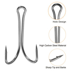 PATIKIL Double Fish Hooks size 8 close-up featuring top line-hole for fast rigging