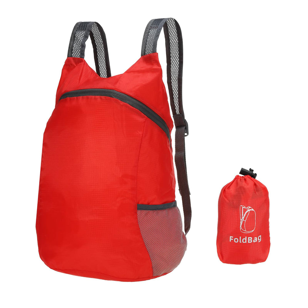 PATIKIL foldable red hiking backpack folded for compact storage.