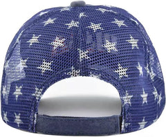 Blue patriotic cap with mesh panels, side view