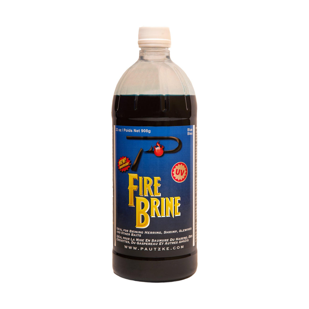 Pautzke Bait Fire Brine Blue 31 oz bottle front shows vibrant color for visibility
