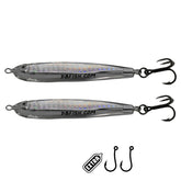 PB Fish epoxy jig close-up with a glossy silver finish attracts saltwater targets.