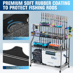Rod storage holding spinning, baitcasting and round reels